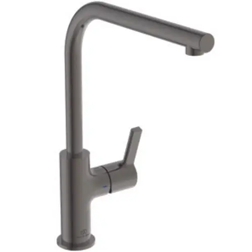 Küchenarmatur in mattem Grau von Ideal Standard mit hohem Auslauf und seitlichem Hebel zur Steuerung von Wasserfluss und Temperatur.
